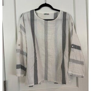 White and Black Stripe Linen Blouse Shirt made in Italy - women's size medium